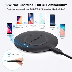 Letscom 15W Wireless Qi Charger-Ultra Slim Fast Charging Pad for iPhone and more - Photo 1 sur 3
