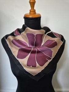 SUBTLE SILKS 68cm Silk Square Scarf Vintage Black Plum Beige - Picture 1 of 19