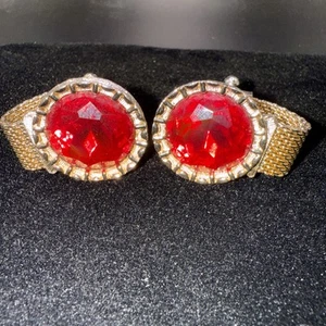 GEMELOS VINTAGE SWANK TONO DORADO MALLA GRANDES GRUESOS ROJOS ESTRÁS BLING CABALLERO - Imagen 1 de 2