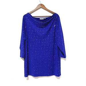 Blusa Susan Graver Tejida Líquida Azul Dorado Lunares Manga 3/4 Glam Boho Talla 2X - Imagen 1 de 6