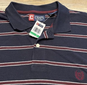 NEW Chaps Navy Blue & Red Striped Polo Shirt Mens L Pique Mesh Long Slv Cotton - Picture 1 of 20