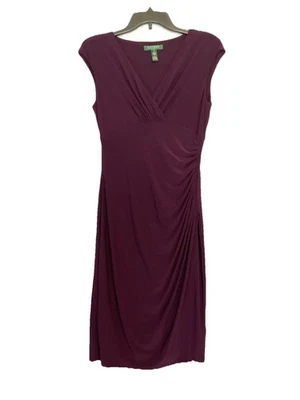 Ralph Lauren Sheath Dress Sz 6 Purple w Ruching & V Neck 38” Long Stretch Jersey - Image 1 of 4