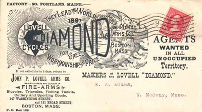 MASS Boston 1898 flag cancel on Lovell Arms Co. Illustrated Ad Guns  & Cycles  - Image 1 of 2
