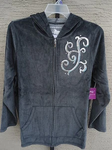 JUST MY SIZE 1X  VELOUR  HOODED ZIP FRONT JACKET WITH SEQUINS STEEL 1X - Picture 1 of 4