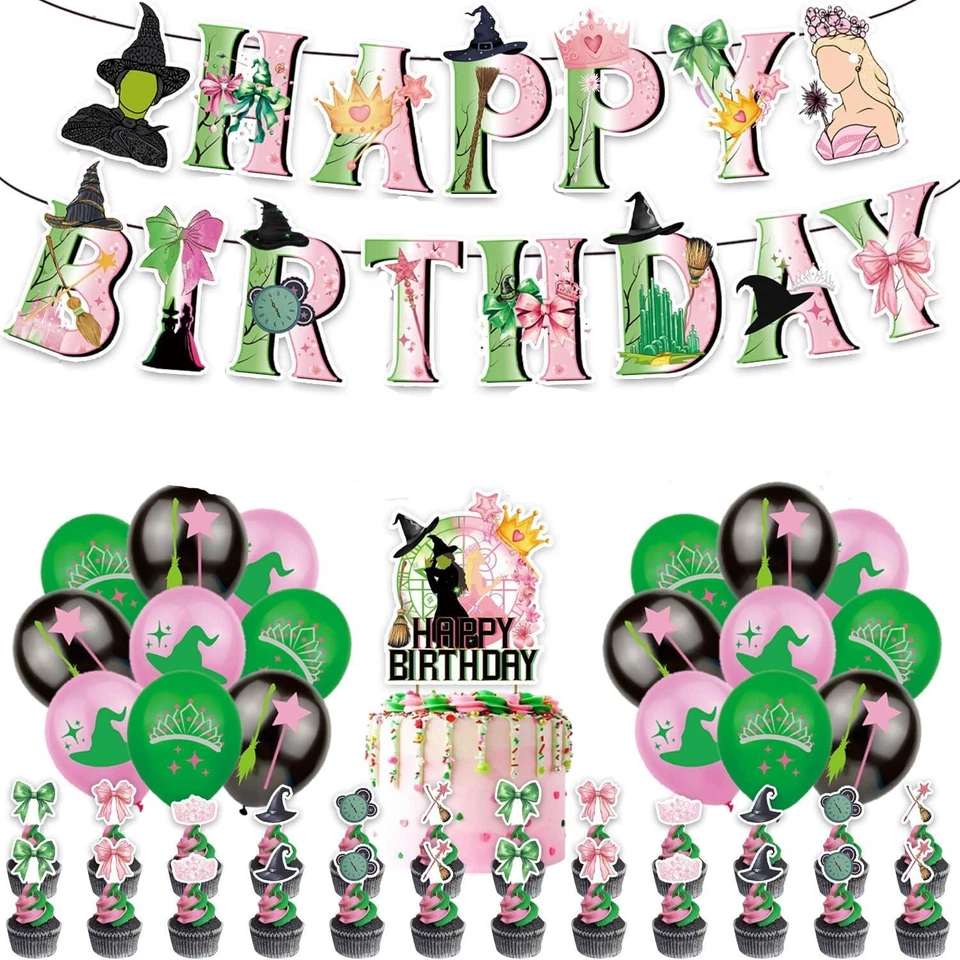 Wicked Birthday Decorations Set,Include 1 Banner, 18 Balloons, 25 Cake Toppers