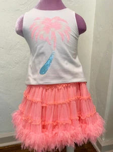New Kate Mack Girl's Neon Pink Sequin Palm Tree Top & Tulle Ruffled Skirt Set 6X - Picture 1 of 1