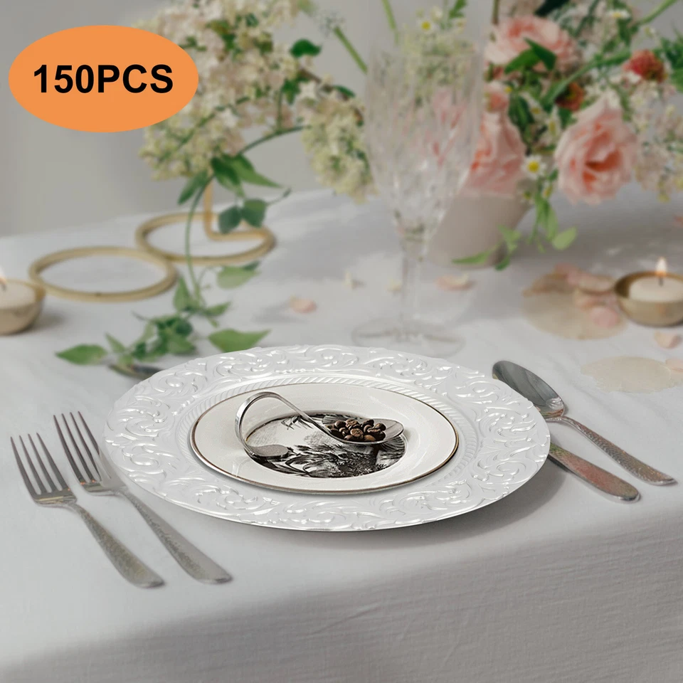 150pcs Plates Set, Silver Round Plates with Patterns, Reusable, for Restaurant - Image 1 of 4