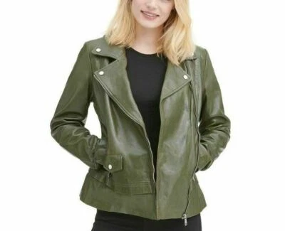 Chaqueta de motociclista delgada de cuero elegante de piel de cordero genuina verde para mujer Foto 1 de 4