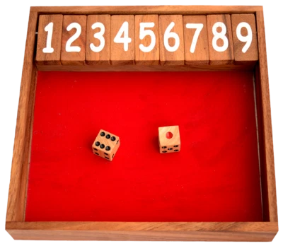 Klappenspiel Shut The Box 9 medium rote Holzbox Knobelholz Würfelspiel Kinder - Bild 1 von 2