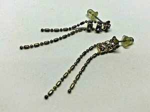 Vintage Gold Metal Sparkling Diamante Crystals Long Drop Dangle Earrings 1980' - Picture 1 of 4
