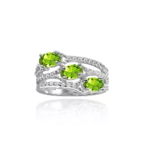 Sterling Silver Peridot and White Topaz Oval Three Stone Ring - Picture 1 of 9