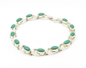 MEXICO 925 Sterling Silver Vintage Cabochon Malachite Chain Necklace NE2887 - Picture 1 of 5