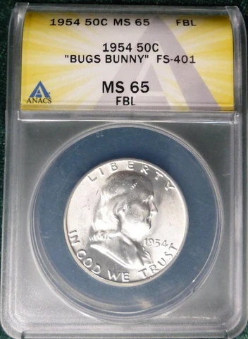 1954-P FBL 50C Franklin Half Dollar Gem ANACS MS65FBL Bugs Bunny FS401 Rare R8 Cover