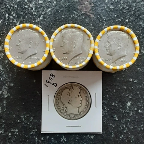 Bank Sealed Half Dollar Coin Rolls (lot of 3) & One 90% Silver 50c Barber 1908-D Cover
