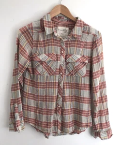 FREE PEOPLE Womens Shirt Crinkle Plaid Long Sleeve Button Up Sz M BoHo EUC - Picture 1 of 6