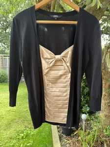 STAR UK 12 Bow Pleated Front Two Tone Fabric Black Gold Top Stretchy 3/4 Sleeve - Picture 1 of 11