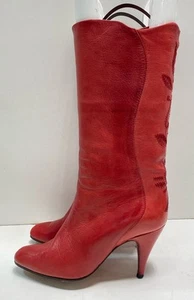 SALMASO Women's Red Floral Leather Mid Calf Heeled Boots Size 6 - Picture 1 of 6
