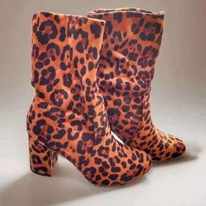 Allegra K NIB US 7.5 Leopard Print Ankle Boots Chunky Block Heel Zipper Booties - Picture 1 of 10