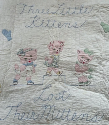Vintage Handmade Embroidered Baby Quilt 3 Little Kittens Lost Mittens Pink Trim - Image 1 of 4