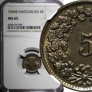 SWITZERLAND Copper-Nickel 1949 B 5 Rappen NGC MS65 HELVETICA KM# 26 (49) - Picture 1 of 5