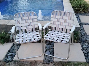 4 Retro Vtg MCM Classic Webbed Folding Aluminum Lawn Chairs Red White Blue Tan - Picture 1 of 4