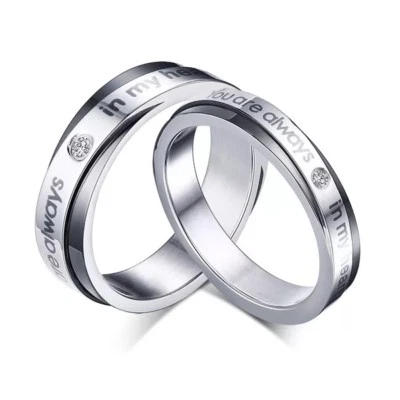 Alianza de boda anillo de promesa de acero inoxidable para parejas "Siempre estás en mi corazón" Foto 1 de 4