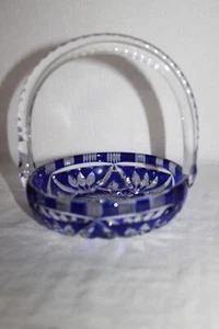 Selten Bleikristall Henkelkorb Schale Schleuderstern rund Überfang Royl blau TOP - Bild 1 von 7