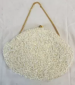 Vintage 1950 LA Regale Bag Cream Clutch-Gold Chain-Bead Sequins-RARE - Picture 1 of 10