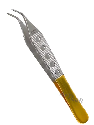 AVON SURGICAL 1 Ea | Adson Dressing Forceps 12cm Serrated Curved Tips, w/ Handle Holes - Gold