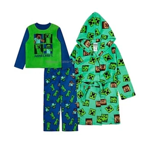 Minecraft Boys Pajamas Robe Set 3 Piece Hoodie Cover Up Size 10 Creeper Girl NWT - Picture 1 of 3