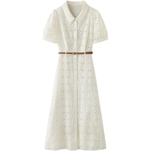 Women Cotton Blend Lace Shirt Dress Short Sleeve Floral with Belt Button Office - Picture 1 of 7