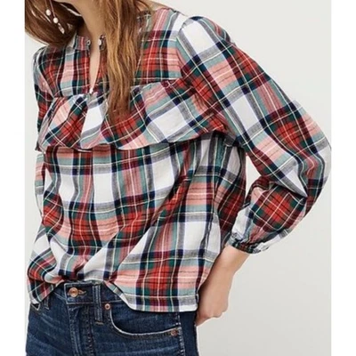 J.Crew Plaid Tartan Women's XXL Ruffle Front Long Sleeve Shirt Christmas Party - Image 1 of 4