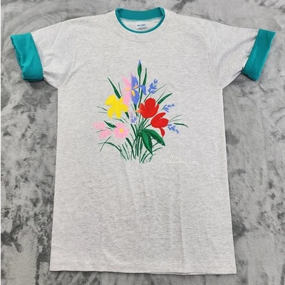 Camiseta gráfica vintage Alore Top para mujer M gris verde azulado cuello redondo contraste manga enrollable Foto 1 de 4