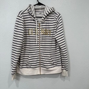 Old Navy Damen Gestreifter Zip Hoodie Gold Logo Creme Marine Blau Größe L - Bild 1 von 8