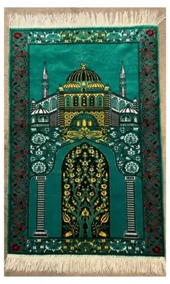 Muslim Prayer Rug/Prayer Mat W/Mosque Design & Fringe Edges Green 44x27” (Islam) - Image 1 of 4