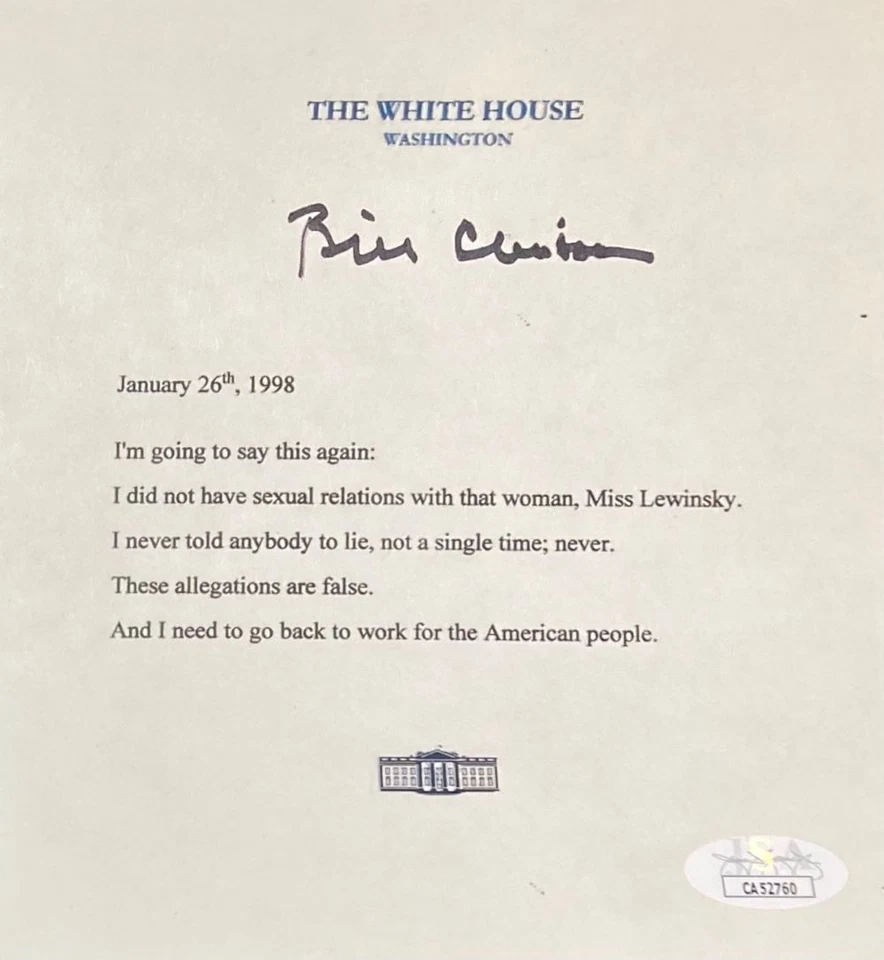 Carta simulada negra firmada por Bill Clinton de la Casa Blanca Monica Lewinsky 6x6 JSA Foto 1 de 3