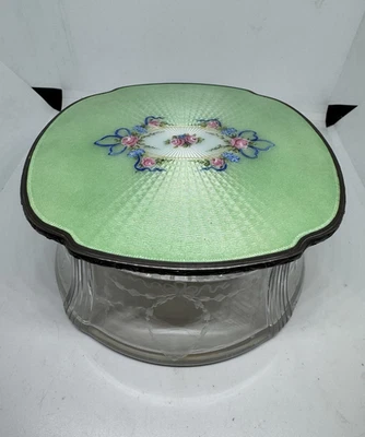 ¡TARRO/CAJA TOCADOR CRISTAL CORTE ESMALTE GUILLOCHE ANTIGUO MÁS MAGNÍFICO! Foto 1 de 4