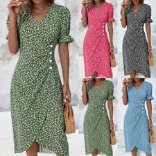 UK Womens PRINT Boho Wrap Midi Dress Ladies Summer Holiday Beach V Neck Sundress