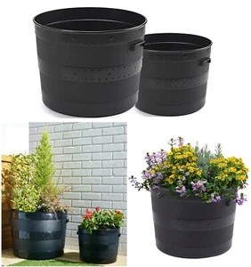 BLACK PLASTIC PLANTER PLANT POT TUB GARDEN PATIO BLACKSMITH BARREL OUT OR INDOOR - Picture 1 of 10