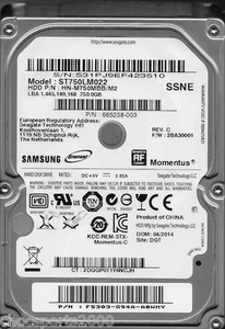 Samsung Momentus Spinpoint ST750LM022 P/N: HN-M750MBB/M2 F/W: 2BA30001 DGT 1 TB - Bild 1 von 1