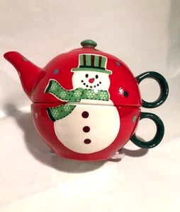 Adorable Bella Casa By Ganz Snowman Tea For 1 Teapot & Cup Stacked 3 Piece Set - Picture 1 of 10