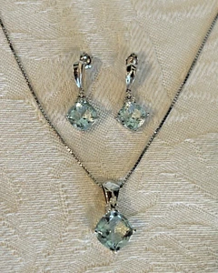 14k WHITE GOLD GENUINE AQUAMARINE and DIAMONDS EARRINGS, PENDANT & CHAIN SET - Picture 1 of 12