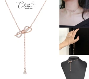 Rose Gold Crystal Butterfly Bow Tassel Chocker Alloy Necklace Pendant Gift - Foto 1 di 11