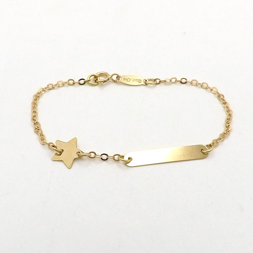 Solid 18k Gold Id Nameplate Bracelet Star Cable Link Child Italy 750 5in New - Image 1 of 4