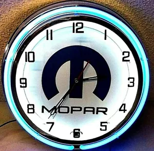 18" MOPAR Logo Sign Blue Neon Clock Chrome Finish - Picture 1 of 2