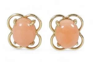 Vintage Solid 14ct Yellow Gold Pair Hawaiian Pink Coral 12mm Stud Earrings Set - Picture 1 of 7