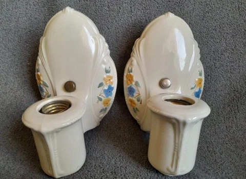 Amazing Antique 1920s Art Deco Pair Of Floral Porcelain Ceramic Wall Sconces! Cover