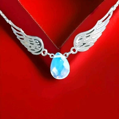 ANGEL SPIRITUAL  WINGS FACETED MOONSTONE SILVER Pendant Necklace #Opalite  - Image 1 of 4