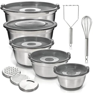 Stainless Steel Mixing Bowls With Lids Plus Stainless Steel Whisk Potato Masher  - Picture 1 of 7