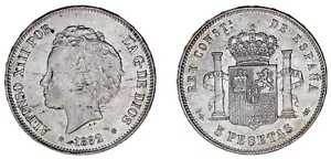 5 SILVER PESETAS / PLATA. DURO. MADRID. ALFONSO XIII. 1892. BUCLES. XF+ / EBC+. - Imagen 1 de 1